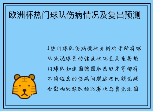 欧洲杯热门球队伤病情况及复出预测