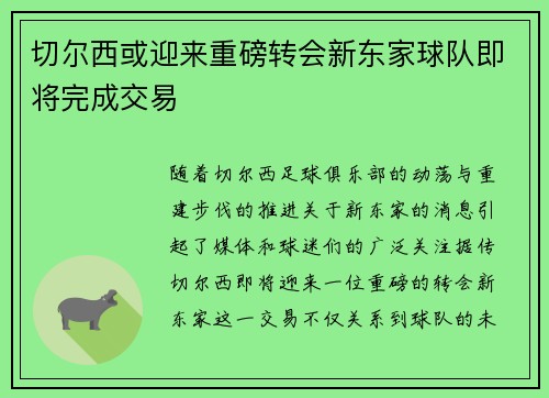 切尔西或迎来重磅转会新东家球队即将完成交易